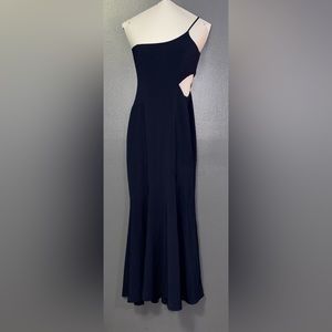 Xscape navy blue one shoulder gown with slit
